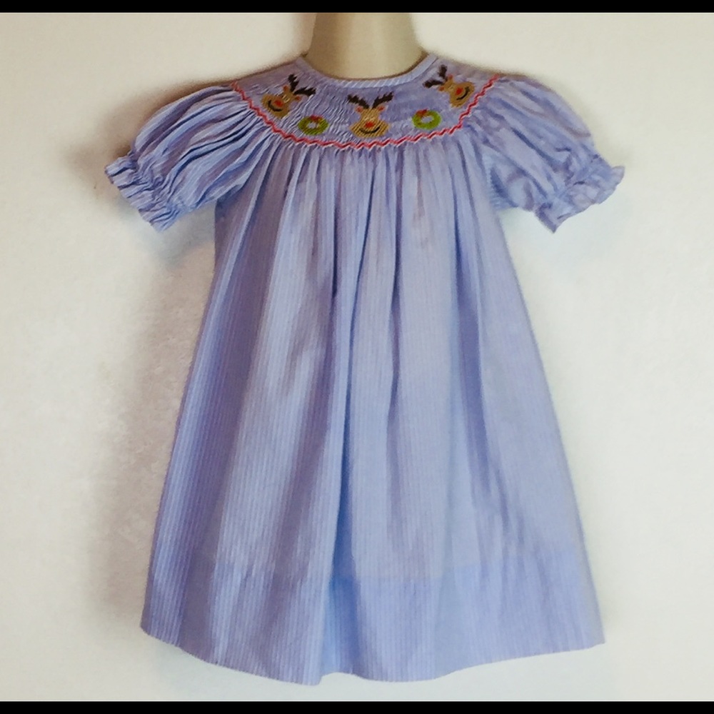 18M Smocked Rudolf Christmas Dress Blue Striped